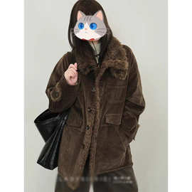 韩版宽松加厚保暖棉服外套女冬季中长款复古灯芯绒拼接翻领棉衣潮