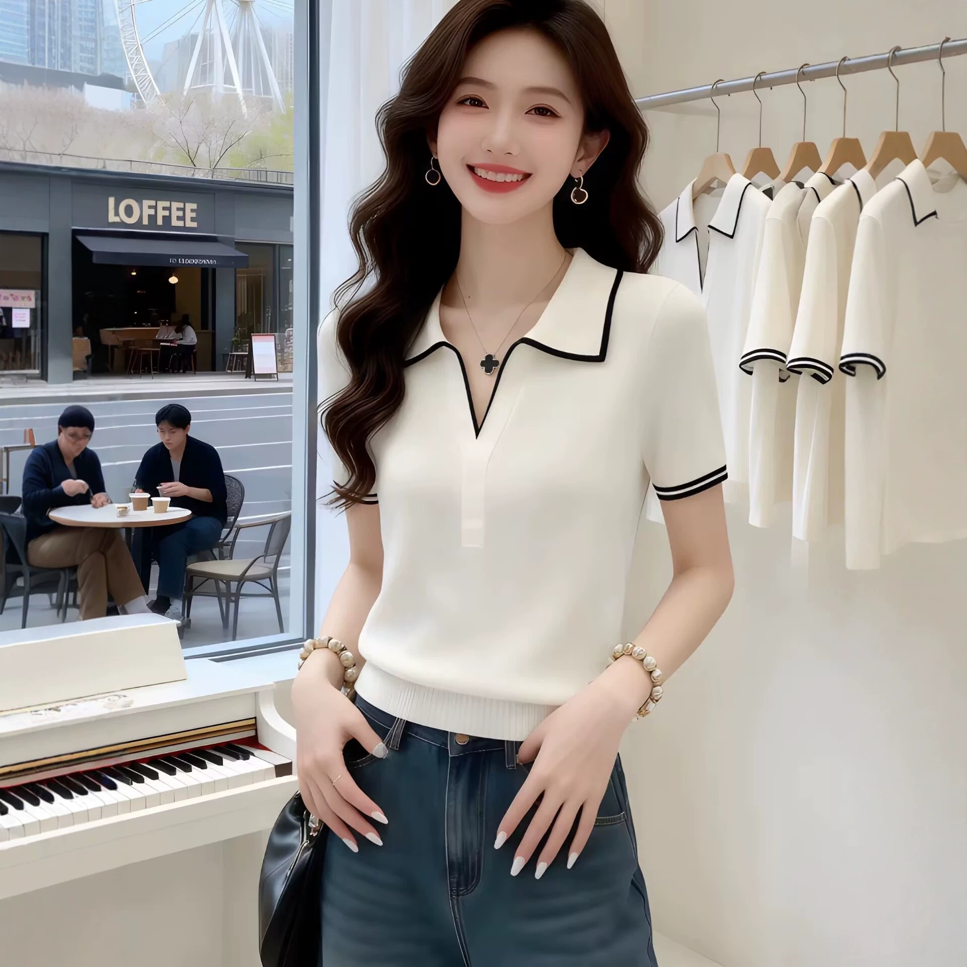 Áo thun ngắn tay polo cổ bẻ phong cách Pháp vai vuông cao cấp — màu trắng chi tiết 4
