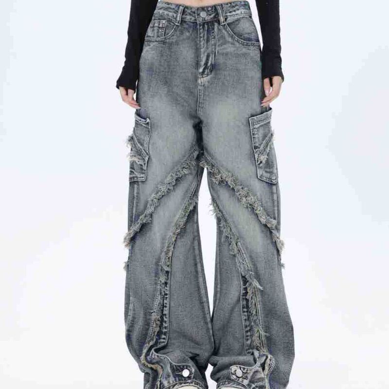 American-Style Heavy-Duty Side Pocket Structure Spliced Raw Edge Jeans High Street Washed Micro-Flared Straight-Leg Floor-Length Couple Pants