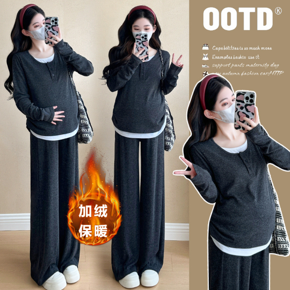 Real Shot of the New Autumn and Winter Products, Lazy Style Fake Two-Piece Tops + Wide-Leg Pants, Fleece-Lined Suit for Pregnant Women