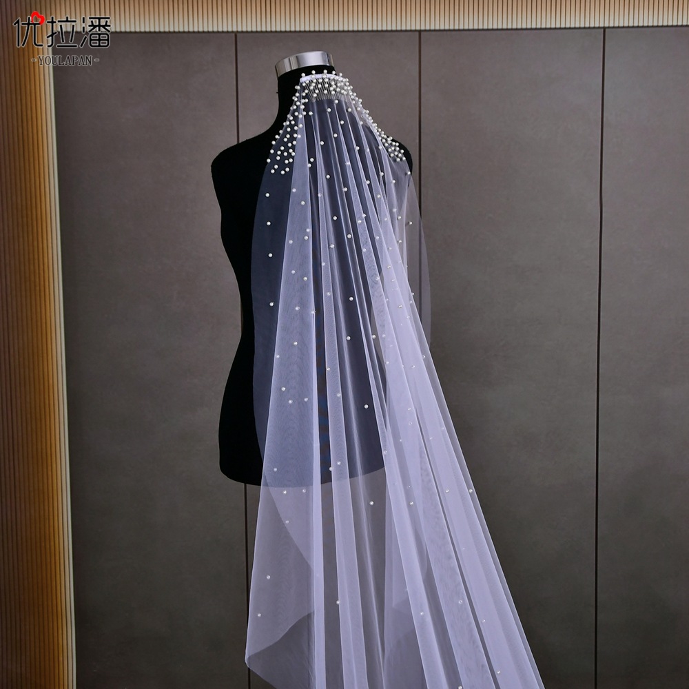 優拉潘 歐美新娘婚禮主婚紗加密珍珠拖尾紗簡約百搭新娘頭紗 V172