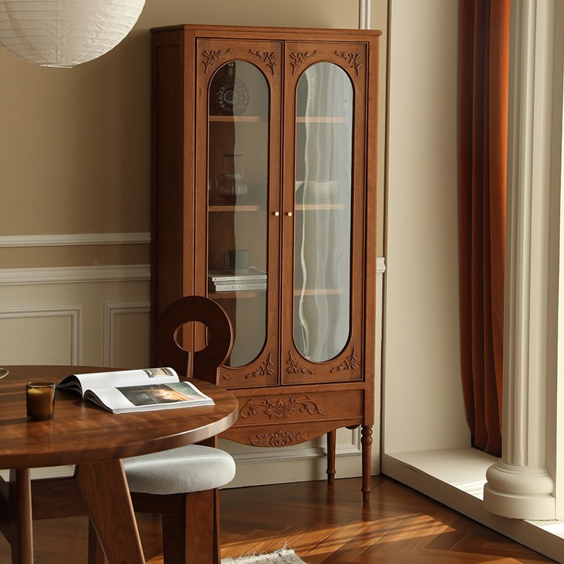 North American All Solid Wood Household Vintage Solid Wood Wine Cabinet caramel Display Cabinet Living Room Bookcase Cherry Wood French Style