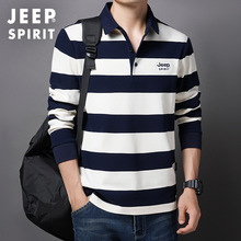 JEEP SPIRIT2025条纹翻领长袖T恤男春秋新款商务休闲纯棉上衣2038