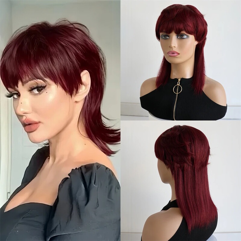 99J in stock wine red wig human hair wigs with bangs mullet elf cut mechanism wig
