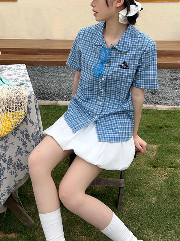 美式复古kitty猫刺绣蓝色格子短袖衬衫女褶皱收腰显瘦设计感衬衣|undefined