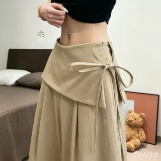 卡其绑带屁帘裤子女款夏季薄款假两件显瘦阔腿裤设计感高腰休闲裤