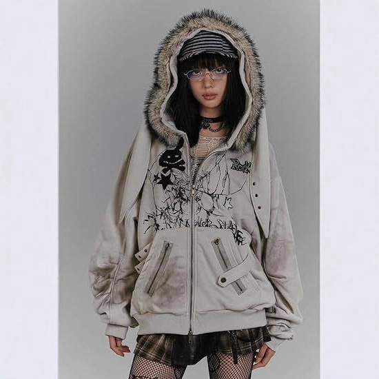 Autumn Winter Season American Street Style Fur Collar Rabbit Ear Zipper Hooded Sweatshirt Jacket Y2K Print Women's Top_voghion.com