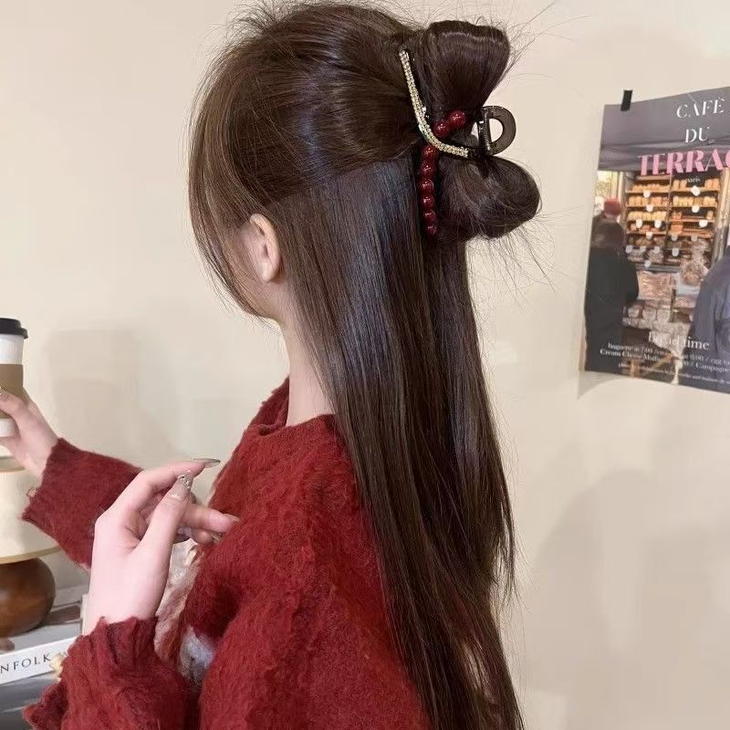 大きなビーズと輝くダイヤモンドをあしらったヘアクリップ、軽くて豪華なシャーククリップ、髪を傷めない赤いヘアクリップ、絶妙な2025年新モデル|undefined