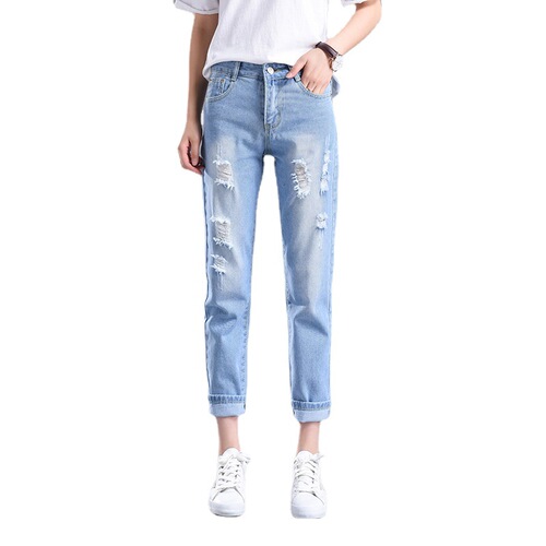 High-waisted jeans with holes for women's loose spring and autumn 2025 new style slimming all-matching students nine-point Harlan radish pants