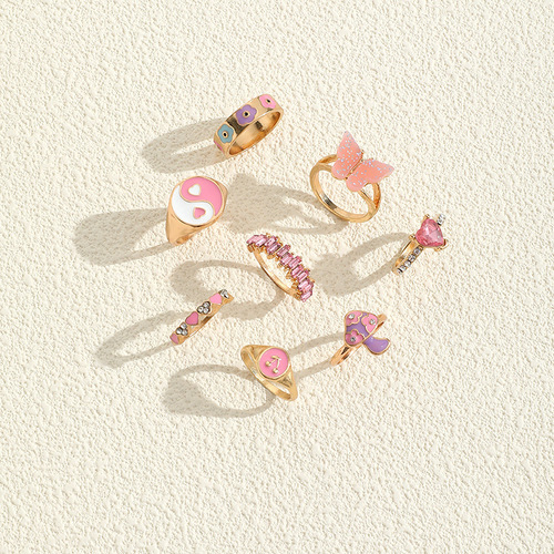 European and American fashionable personalized color oil drip ring Cherry flower love diamond mushroom butterfly ring set 8 pieces