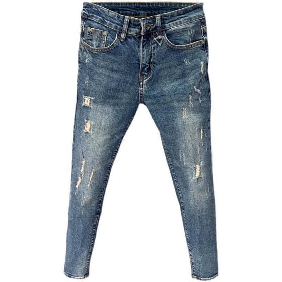 2024 New Blue Ripped Jeans Men's Summer Trendy Scraped Beggar Men's Slim-fit Foot Cropped Pants