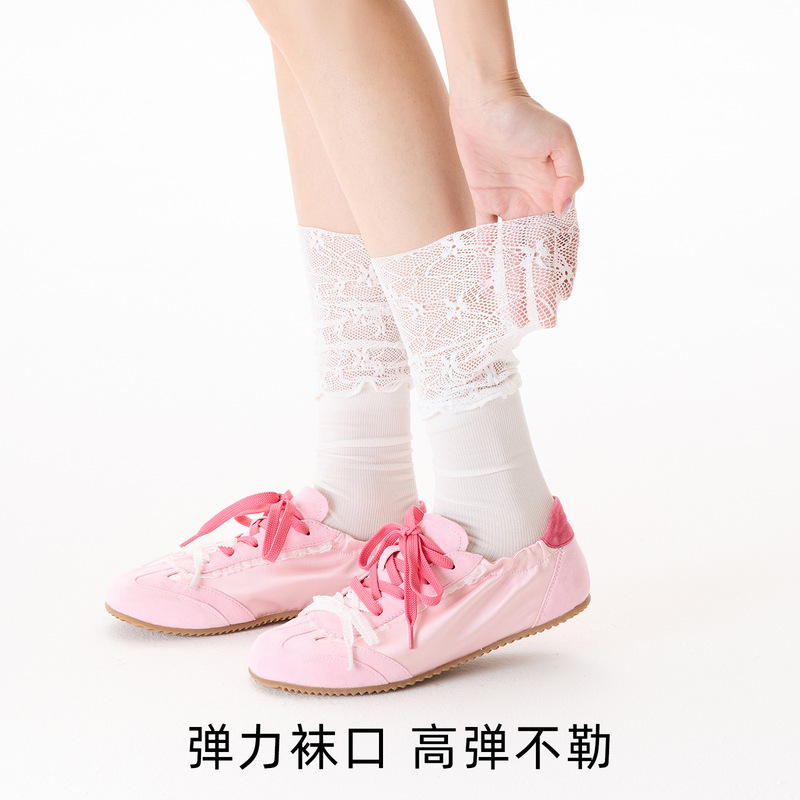 Thin Pile Socks with Small Leather Shoes, Mid-Calf Socks, Black Socks for Women, Spring and Summer Lace Splicing, Light and Thin 83520