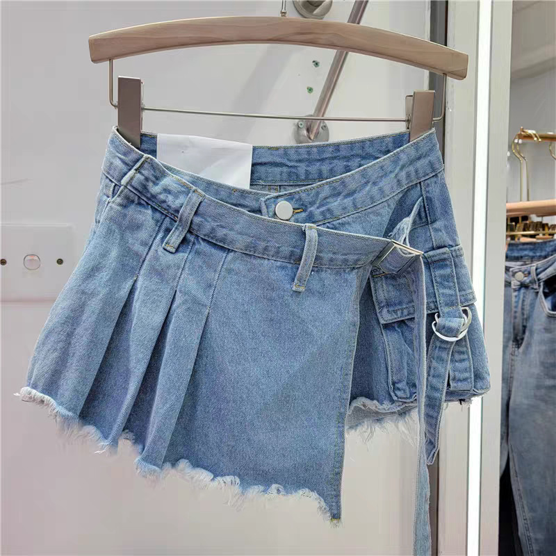 Falda Pantalón de Mezclilla para Mujer de Tiro Alto con Diseño Plisado Irregular