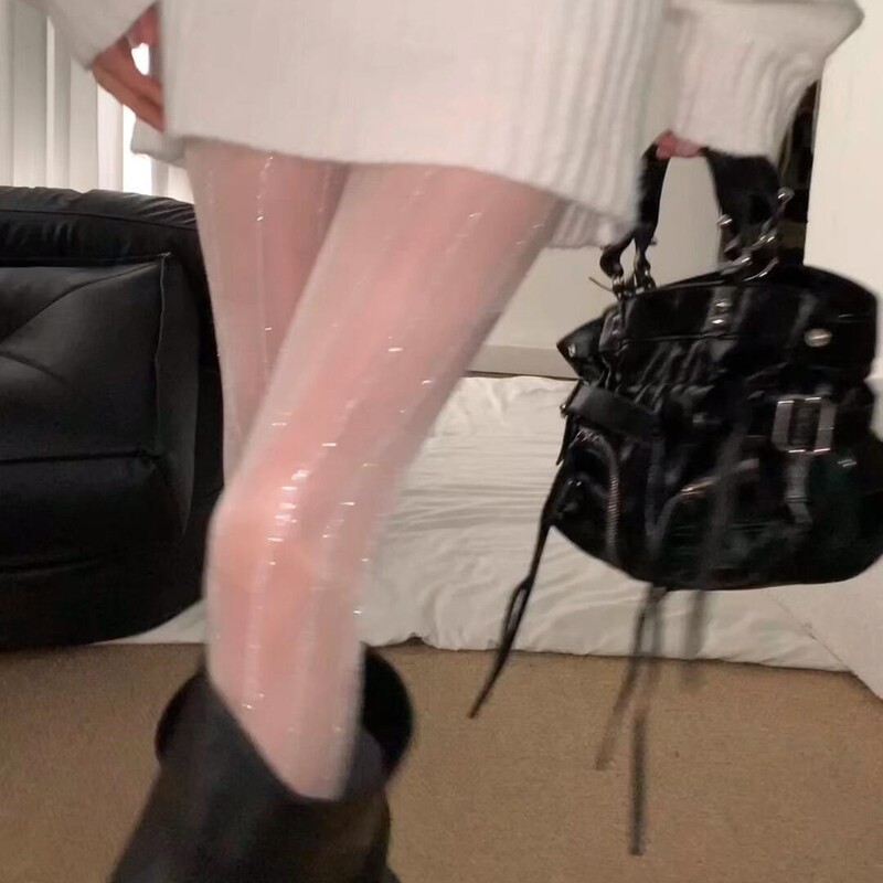 Silver-Striped Silk Stockings, Pure and Sexy, Beautiful Legs, Shiny Tights, Thin Black Silk, Miu-Style Gray Leggings