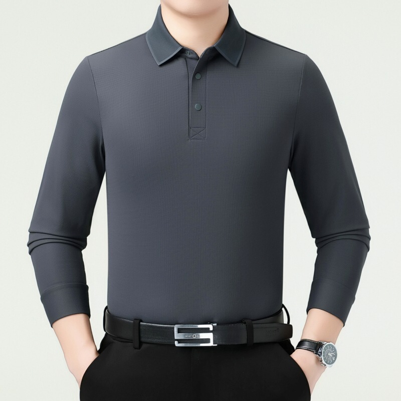 Pastoral Bird Mulberry Silk Long Sleeve T-Shirt for Men, Middle-Aged and Elderly Dad Spring High-End Business Casual Polo Shirt with Turn-Down Collar