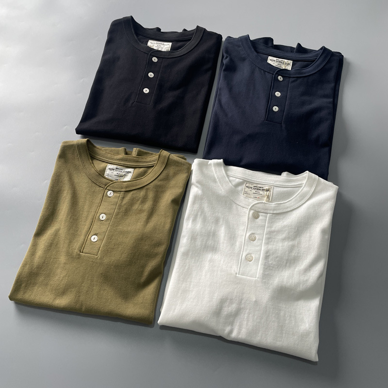 230g Heavyweight Pure Cotton T-Shirt Men's Short-Sleeved American Retro Henley Collar Men's T-Shirt Summer Half-Sleeved T-Shirt