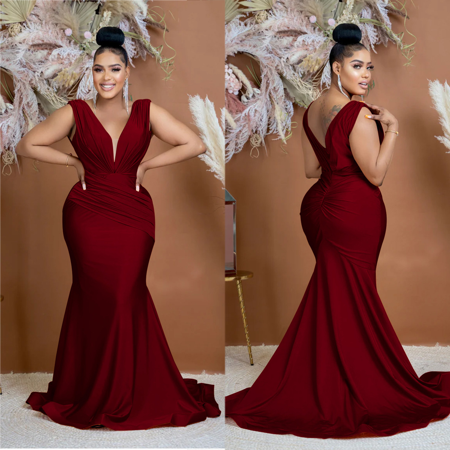 Abito lungo donna scollo a v plissettato elegante da sera_voghion.com