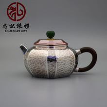 纯银999手工小茶壶 六棱做旧锤纹简约特色家居银壶茶具