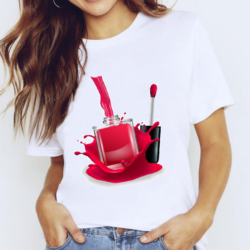 Makeup nail polish round neck printed white T-shirt short sleeve women's foreign trade cross-border wish/ebay Amazon AliExpress Makeup nail polish round neck printed white T-shirt short sleeve women's foreign trade cross-border wish/ebay Amazon AliExpress
