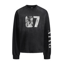 创意复古字母印花长袖T恤男士街潮重磅纯棉300克喷绘做旧破坏体恤