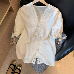 フレンチ刺繍レースステッチVネック半袖シャツ女性用2025夏新作ハイエンド年齢軽減シックトップ