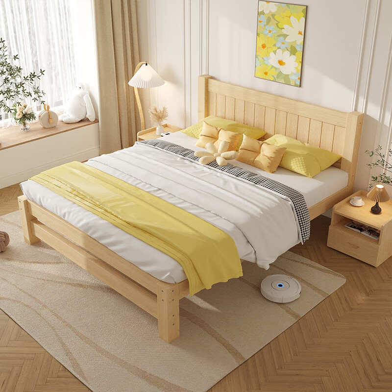Solid Wood Bed, Double Bed, Simple 1m Single Bed, Economical Bed for Master and Guest Bedrooms, Dormitory Bed, All-Solid Wood Large Bed