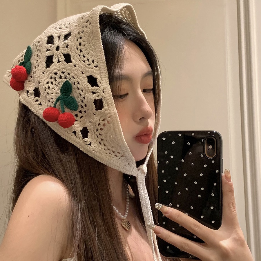 Coreano ins dulce dulce cereza hueco toallas triangulares tejidas a mano bufandas de seda para mujeres 2024 nuevo pañuelo