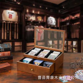 跨境木制球星卡收纳盒分格双层卡片收藏盒亚克力透明盖茶包收纳盒