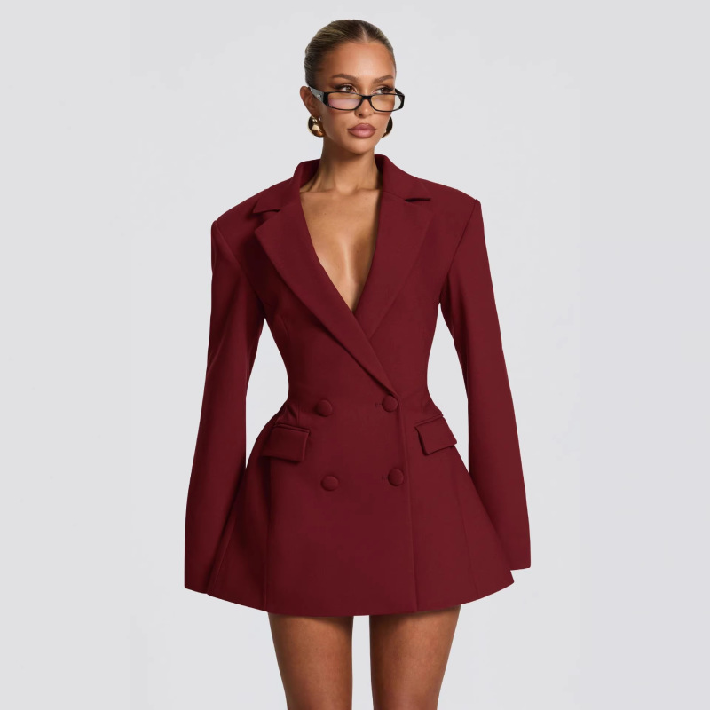 G25D349-Autumn and Winter Style Cross-Border European and American Double-Breasted Deep V-Neck Fashionable and Elegant Blazer