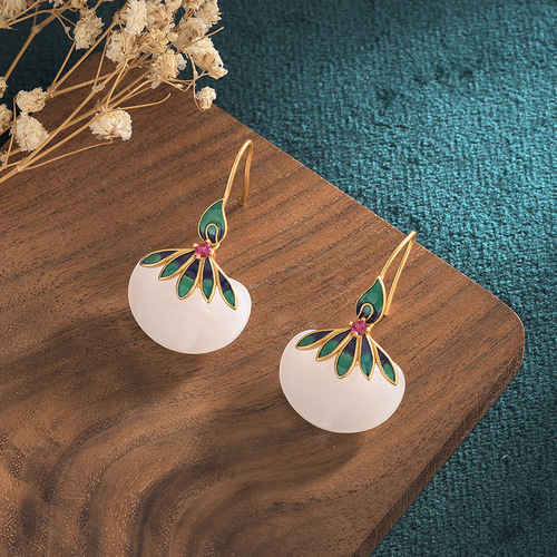Chinese style classical Hanfu accessories cold enamel cloisonné craft inlaid imitation Hetian jade retro earrings and earrings for women