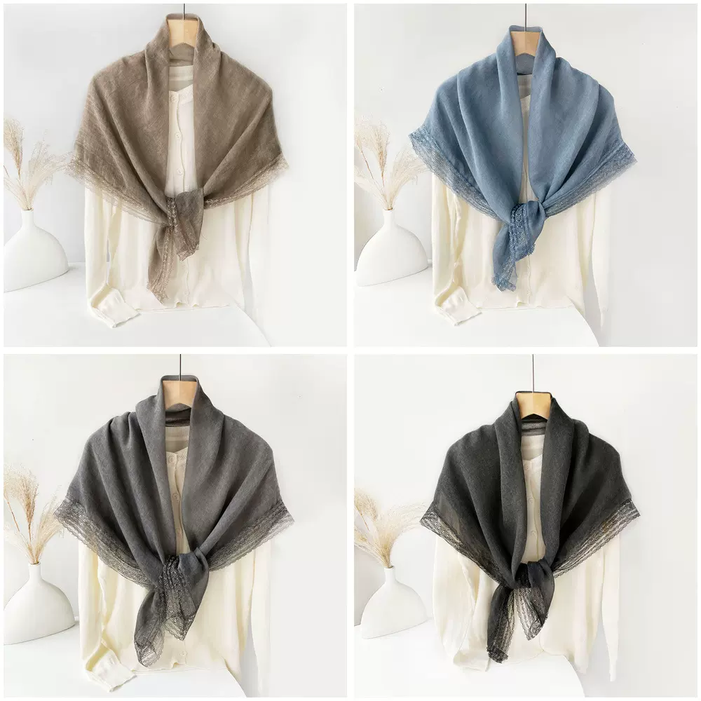 跨境外贸纯色蕾丝边方巾棉麻薄款围巾女夏季外搭披肩高档丝巾纱巾