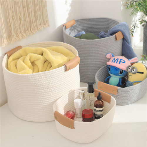 Dirty clothes basket cotton rope woven leather handle storage basket clothing household laundry basket cosmetics sundry storage box