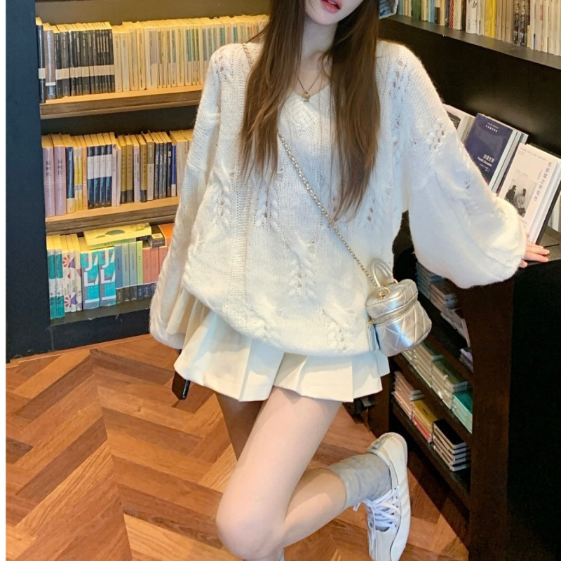 慵懒风不褪色复古韩版女镂空毛针织衫~立体感半裙套装咖色半身裙|undefined