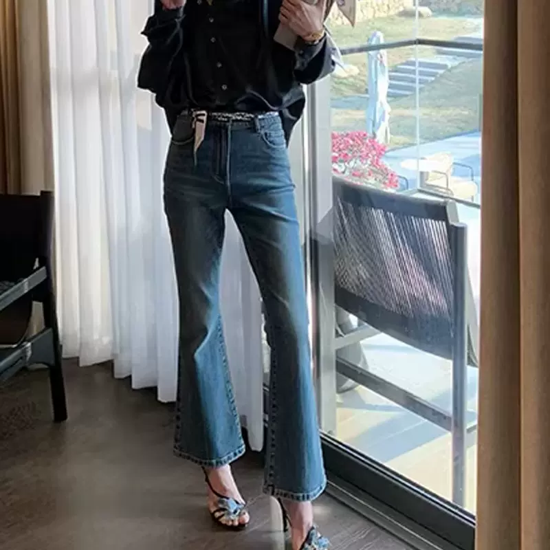 复古通勤风弹力修身立体水洗牛仔裤 显腿长显瘦百搭九分喇叭裤女