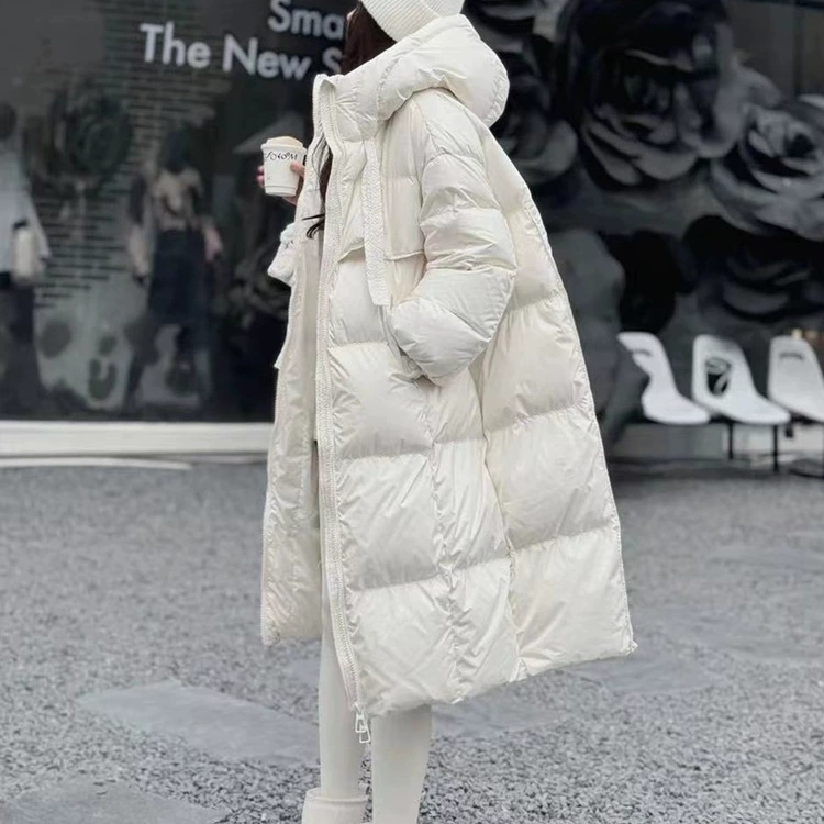 Пуховик, бархатный верх, утинный пух, длинный с капюшоном, off white или чёрный, размеры S–XL