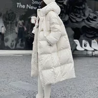 Пуховик, бархатный верх, утинный пух, длинный с капюшоном, off white или чёрный, размеры S–XL