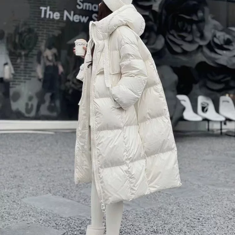Пуховик, бархатный верх, утинный пух, длинный с капюшоном, off white или чёрный, размеры S–XL