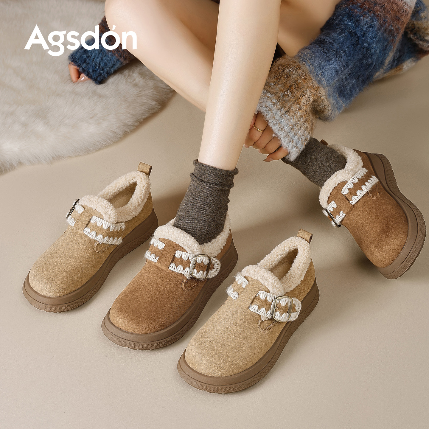 Augu Lion Deng Xiaoping Boccan zapatos de peluche para mujeres 2025 nuevo invierno de suela gruesa de peluche de algodón botas de nieve casuales al aire libre