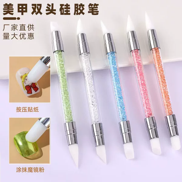 Cross-Border Factory Wholesale Nail Art Double-Ended Silicone Pen Embossing Sticker Carving Flower Pattern Gradient Press Stick Magic Mirror Powder Stick