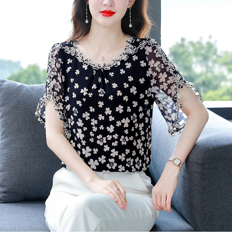 여름 최고 꽃 쉬폰 느슨한 셔츠 세련된 자수 중공업 짧은 소매 2023 패션 새로운 라이브 셔츠
