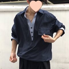 藏青色假两件v领衬衫男美式老钱风穿搭长袖衬衣cleanfit工装外套