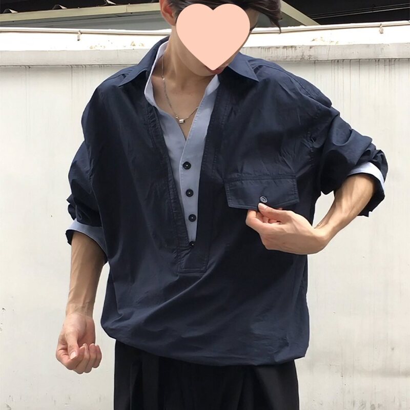 藏青色假两件v领衬衫男美式老钱风穿搭长袖衬衣cleanfit工装外套|undefined