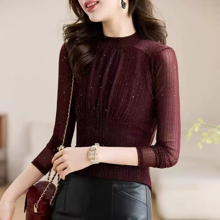 2025 весна и осень новая сетчатая нижняя рубашка с длинными рукавами