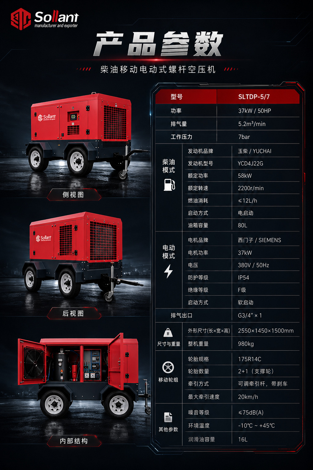 Solante Quarry Diesel-Electric Mobile Air Compressor Dual-Power Air Pump Diesel-Electric Dual-Use Air Compressor