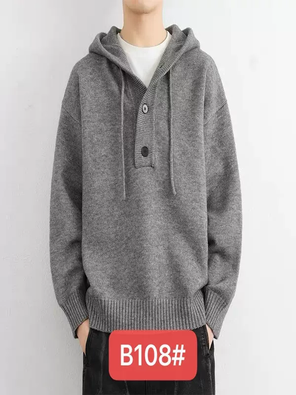 美拉德式爆款潮牌秋冬连帽毛衣半开衫纽扣情侣外穿套头针织衫男女