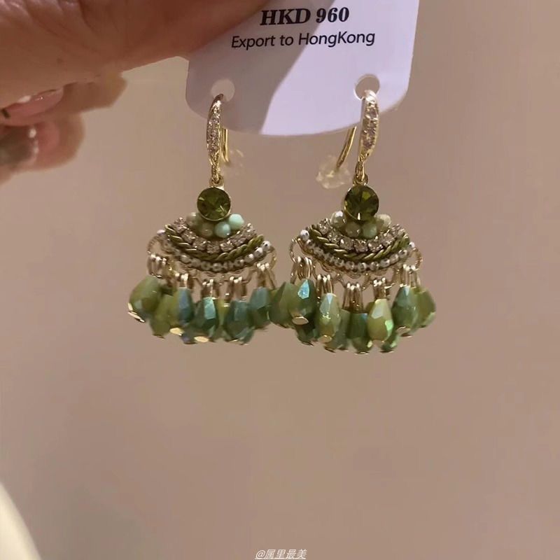 新中式绿色水滴流苏耳环民族风小众高级轻奢波西米亚重工度假耳饰|undefined