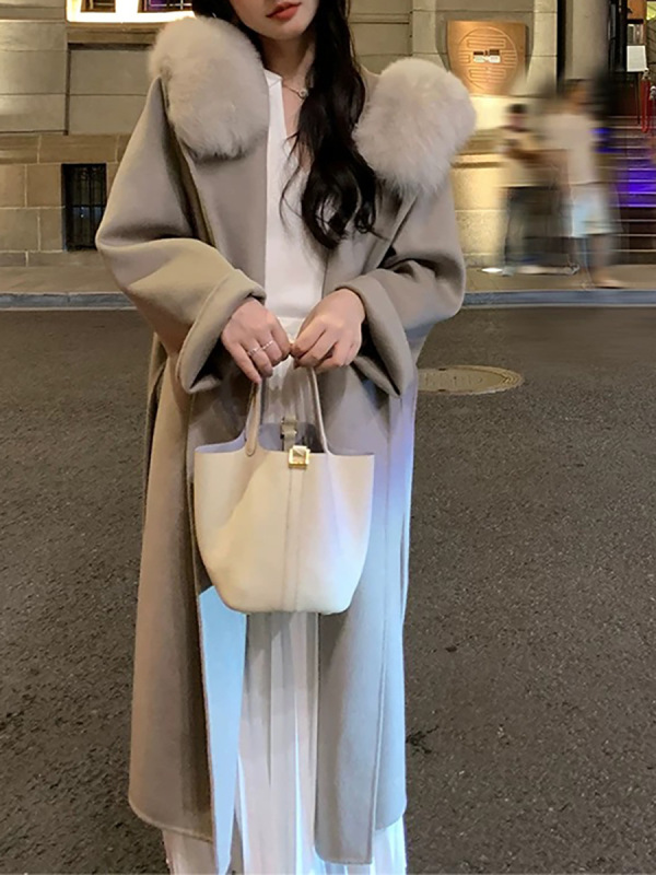羊毛白色狐狸毛领连帽双面呢外套女系带羊绒大衣|undefined