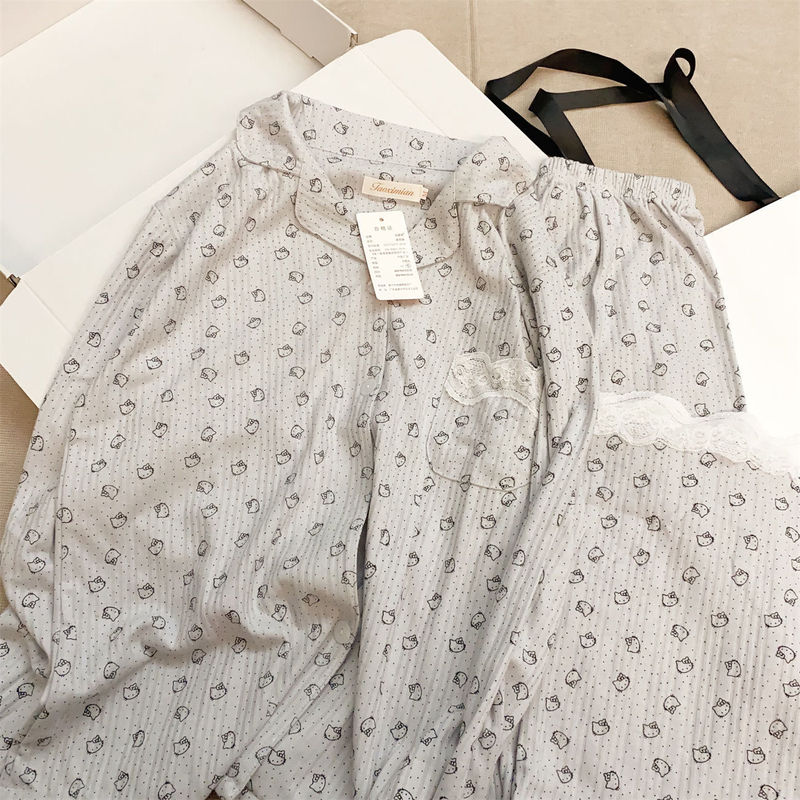 花边波点kitty猫睡衣女春秋新款长袖日系卡通可爱居家服套装外穿|undefined