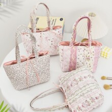 2025新款托特包 棉布小花绗缝口红收纳包女士化妆品收纳包便携