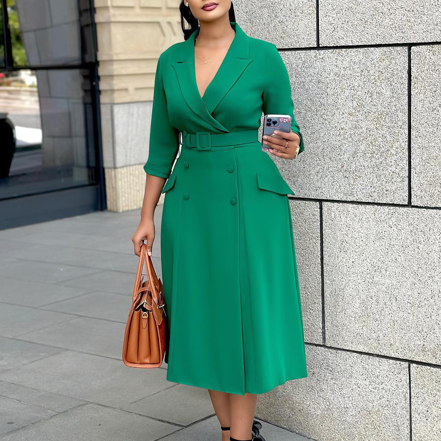 Women's Clothing women's fashion temperament double breasted suit collar solid color dress medium length dress_voghion.com